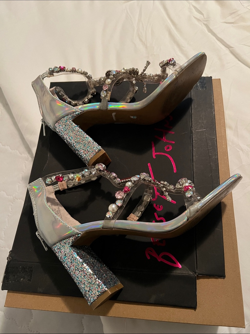 Betsey Johnson Iridescent Jeweled Heels with Pink Heart Accents - Picture 3 of 5